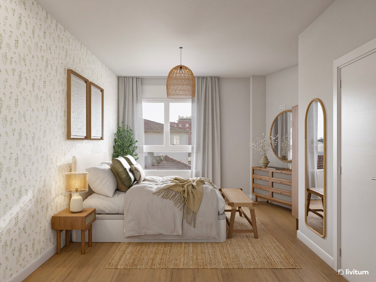 Romántico dormitorio con papel pintado y detalles de fibras naturales