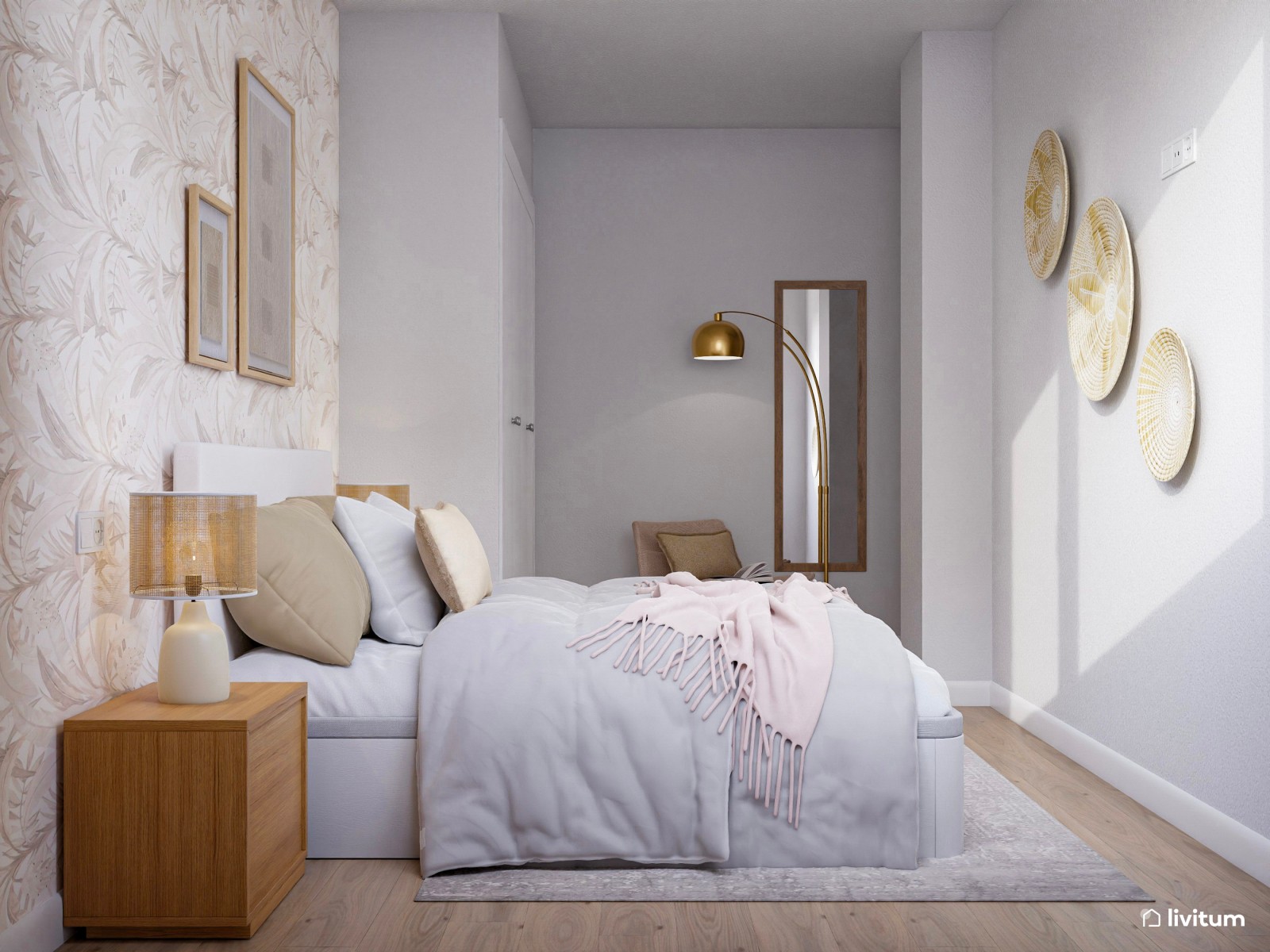 Romántico dormitorio doble con rincón de lectura en tonos dorados 