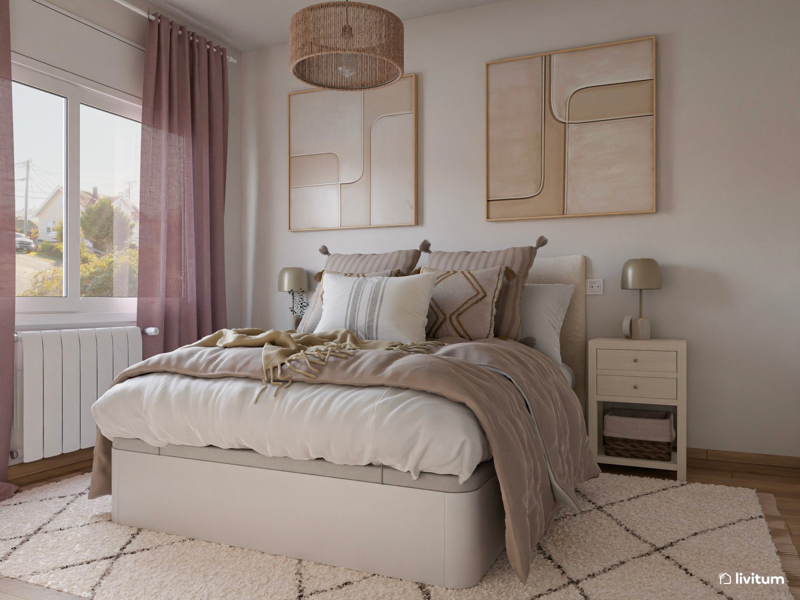 Romántico dormitorio en tonos tierra y rosa empolvado