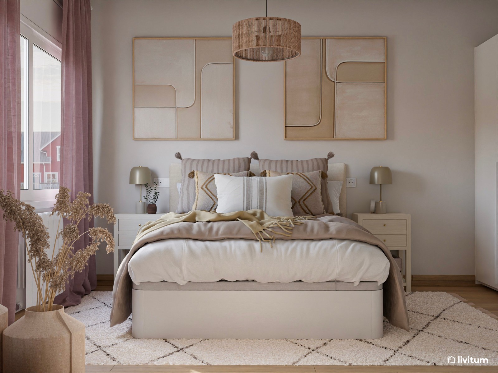 Romántico dormitorio en tonos tierra y rosa empolvado