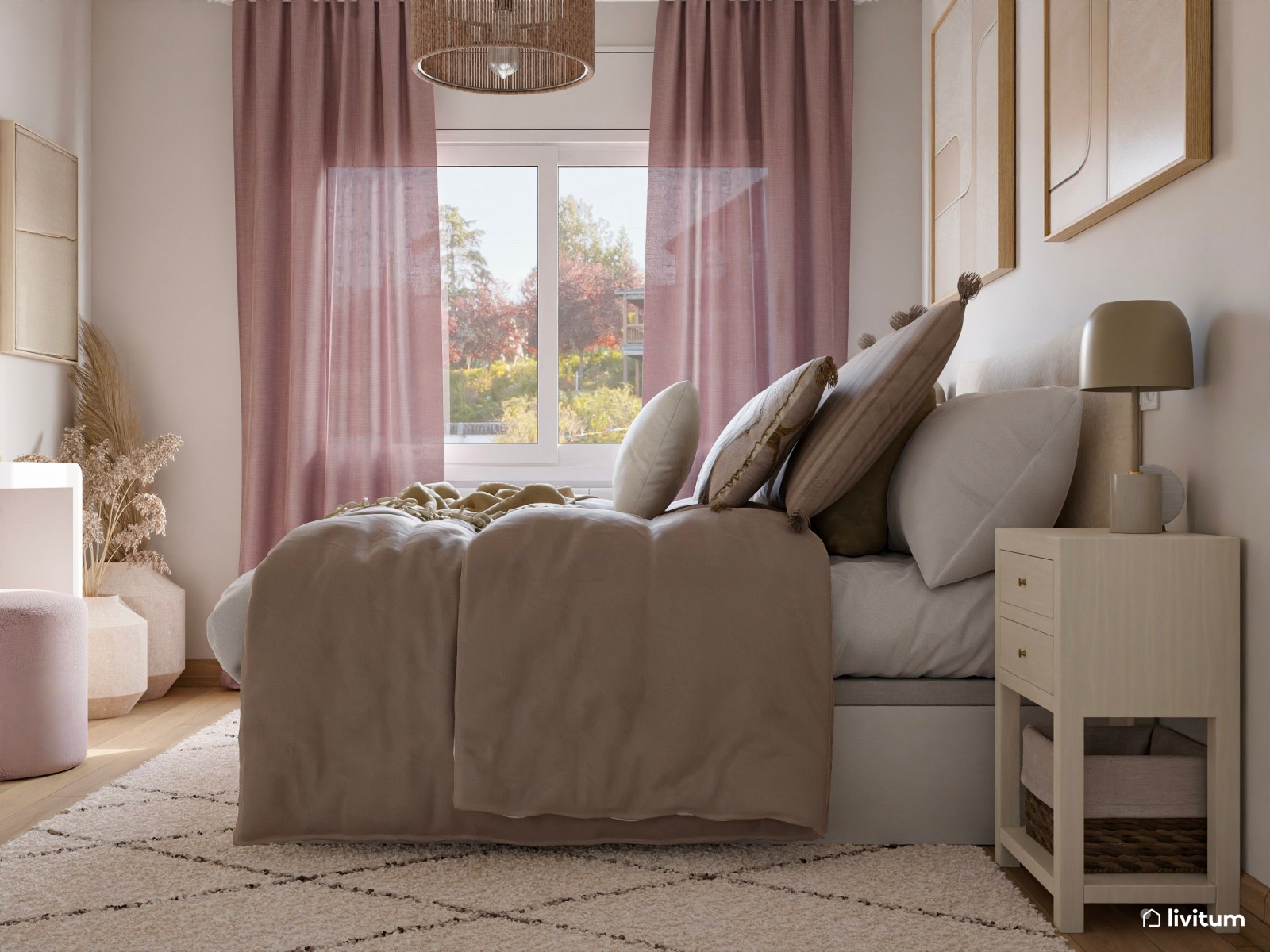 Romántico dormitorio en tonos tierra y rosa empolvado