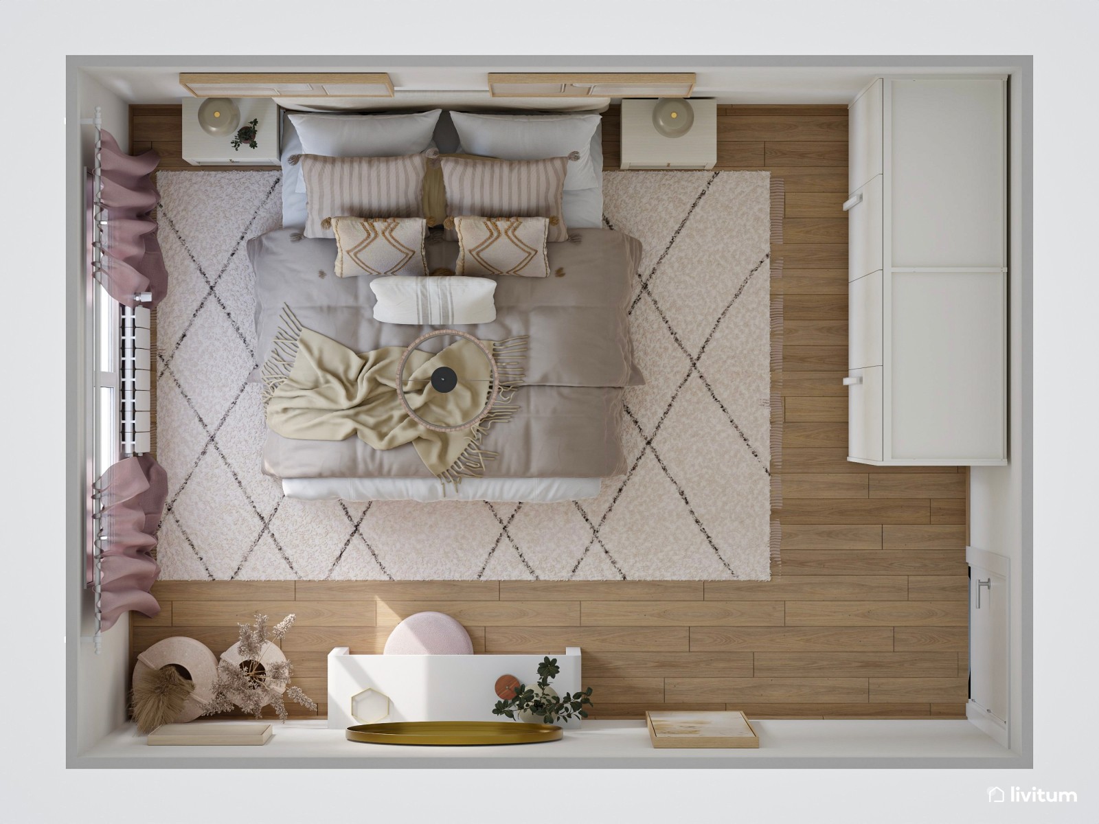 Romántico dormitorio en tonos tierra y rosa empolvado