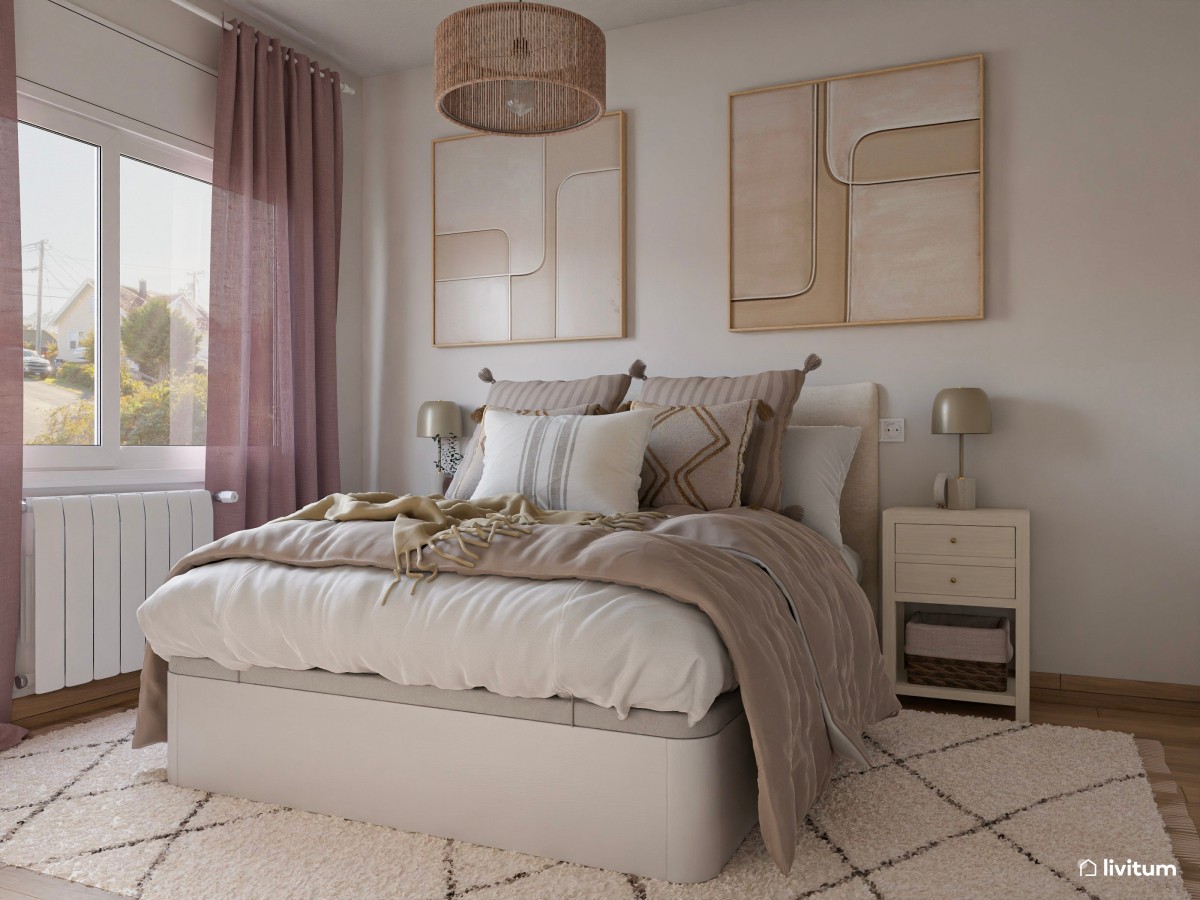 Romántico dormitorio en tonos tierra y rosa empolvado