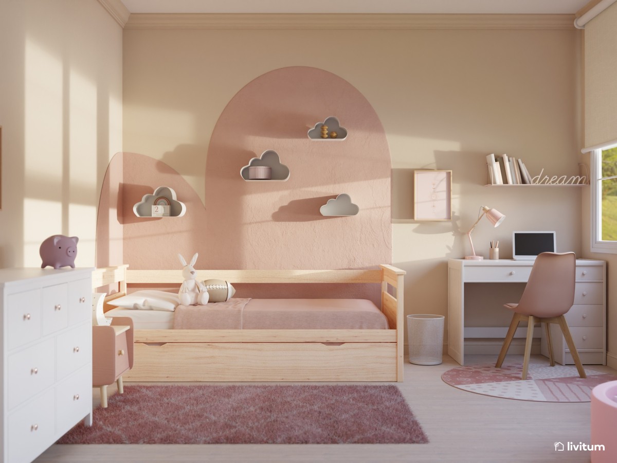Rosa, madera, ¡y nubes! para habitación infantil