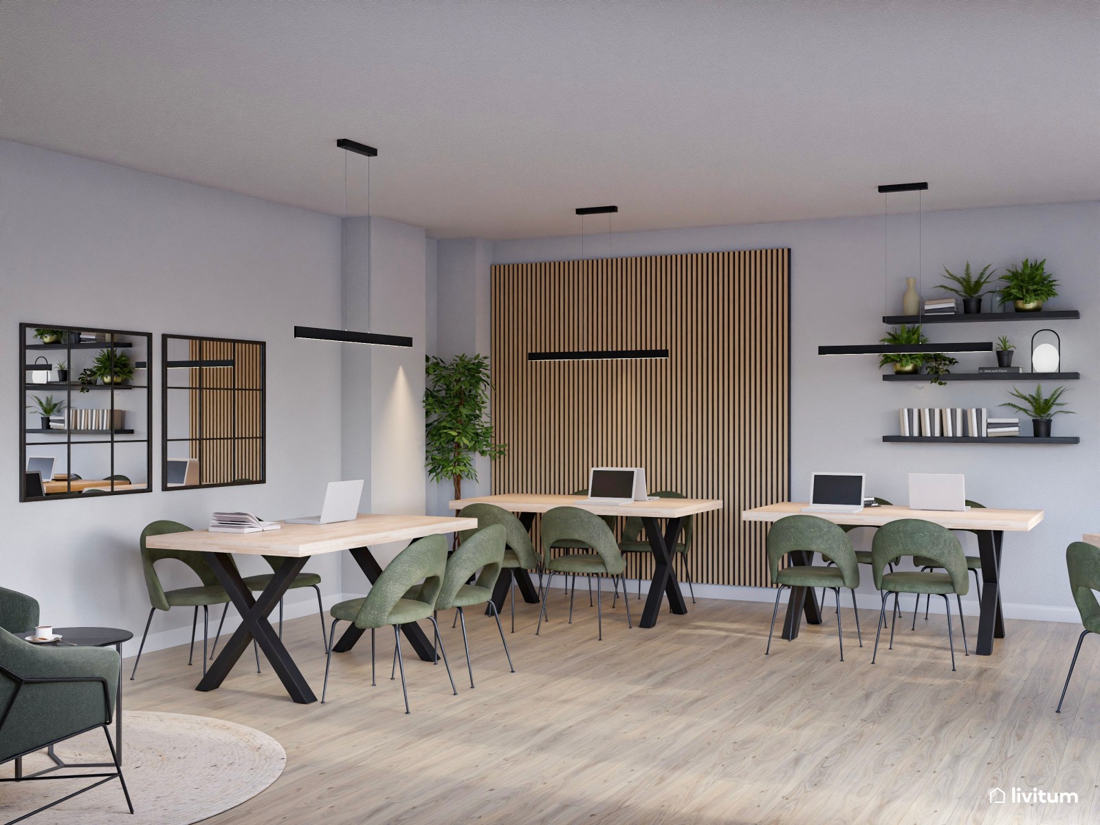Sala coworking con toques industriales, con detalles en madera y verde
