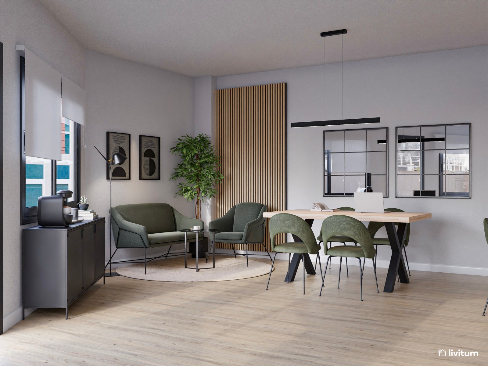 Sala coworking con toques industriales, con detalles en madera y verde