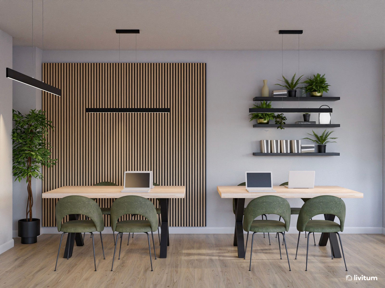 Sala coworking con toques industriales, con detalles en madera y verde