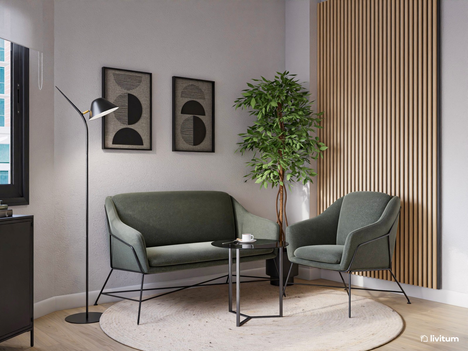 Sala coworking con toques industriales, con detalles en madera y verde