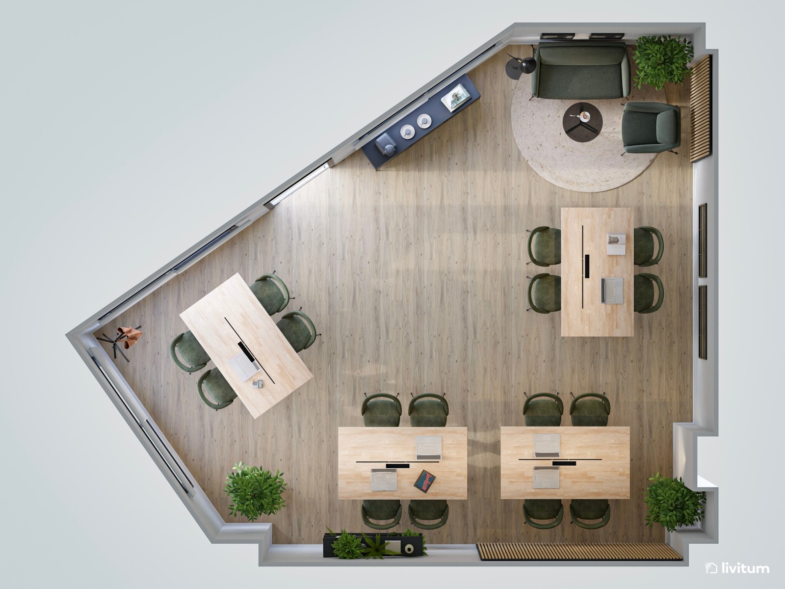 Sala coworking con toques industriales, con detalles en madera y verde