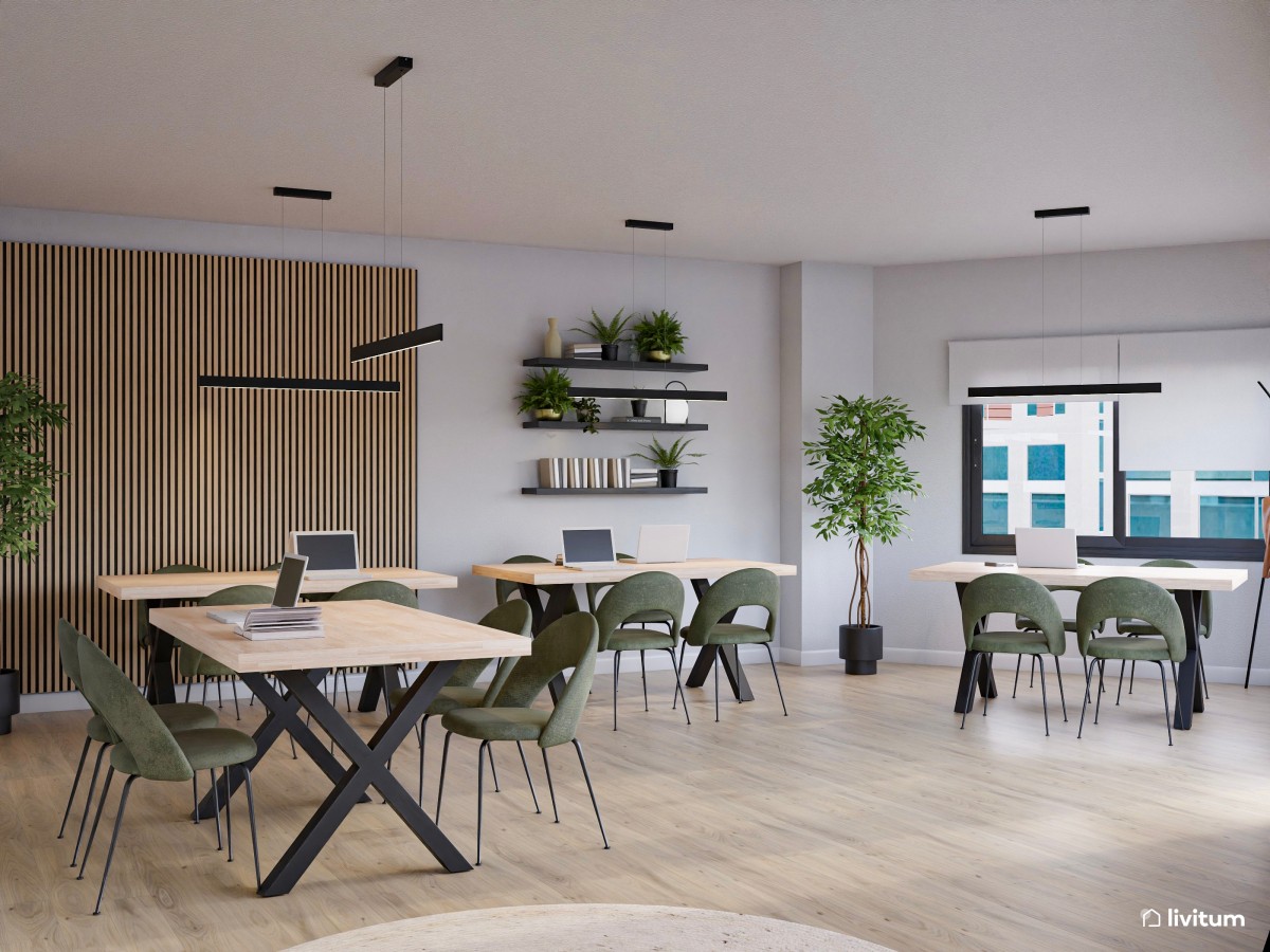Sala coworking con toques industriales, con detalles en madera y verde