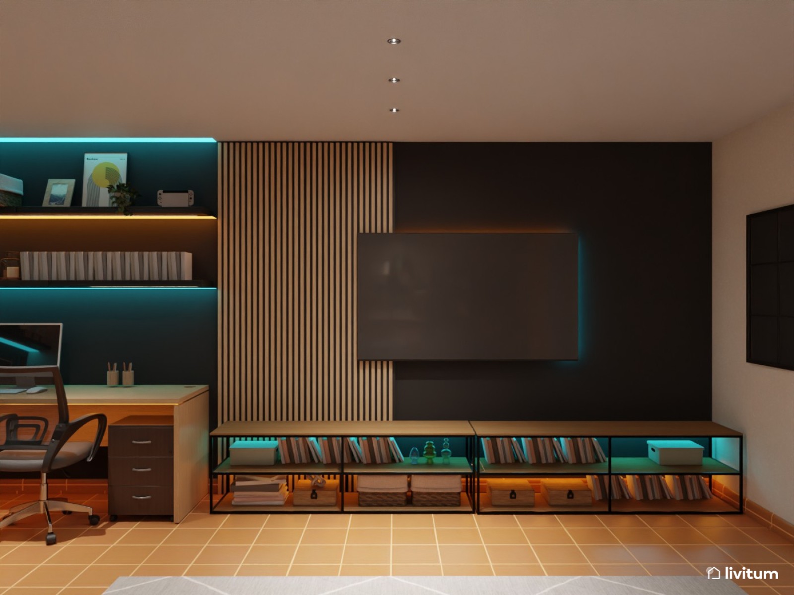 Sala de cine moderna con espacio de trabajo, tonos grises y luces inteligentes