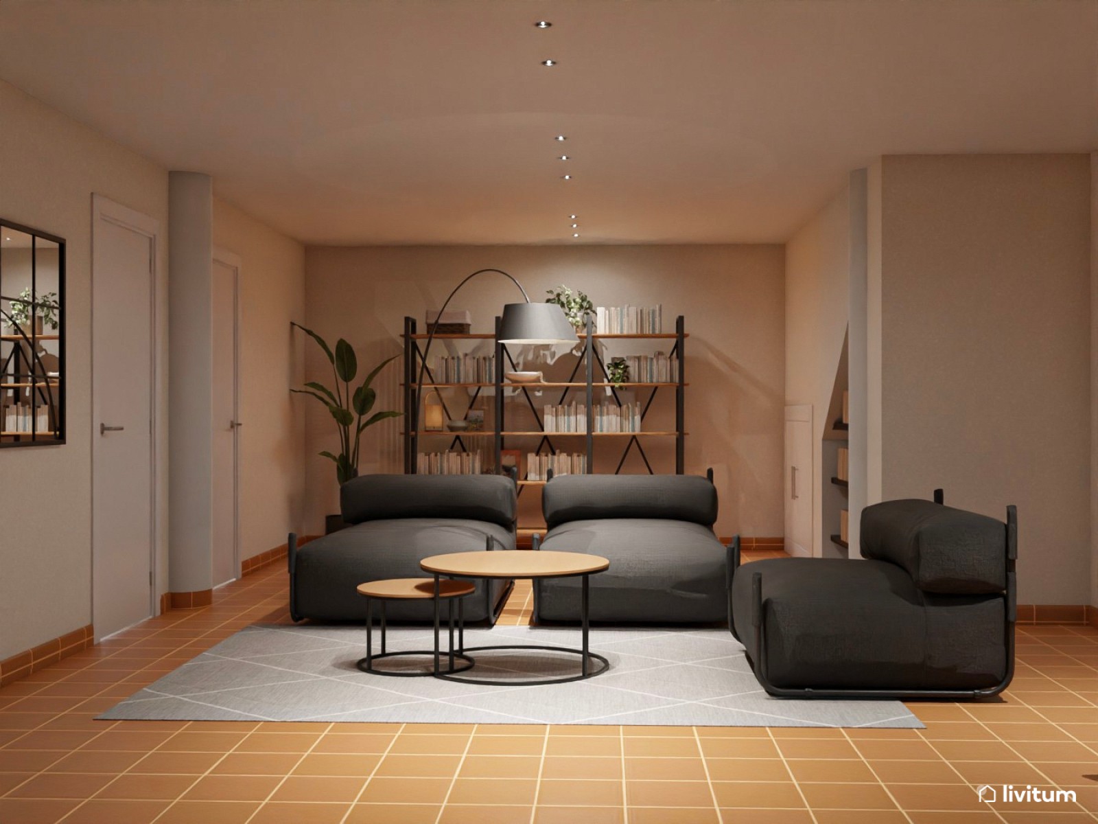 Sala de cine moderna con espacio de trabajo, tonos grises y luces inteligentes