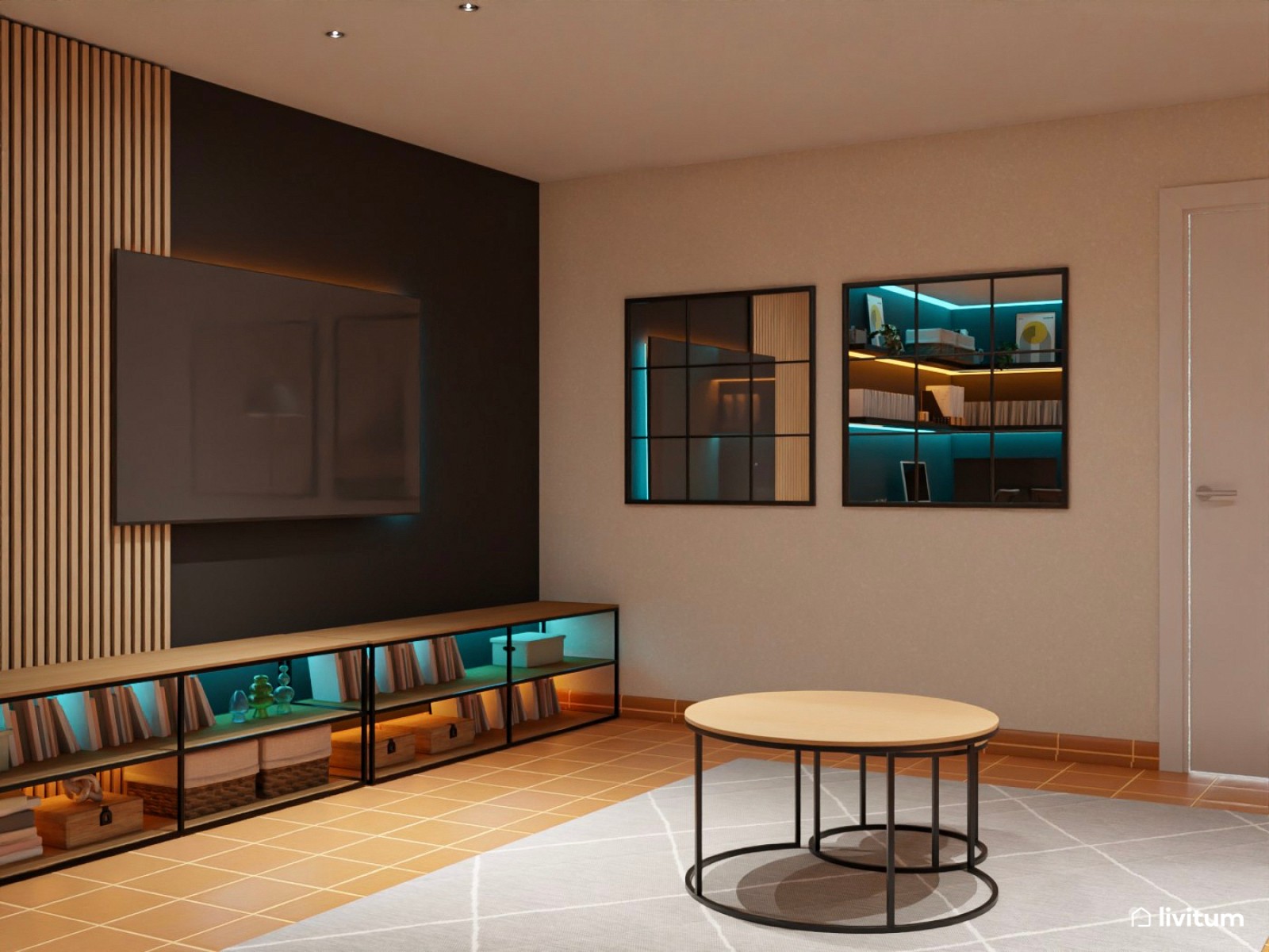 Sala de cine moderna con espacio de trabajo, tonos grises y luces inteligentes