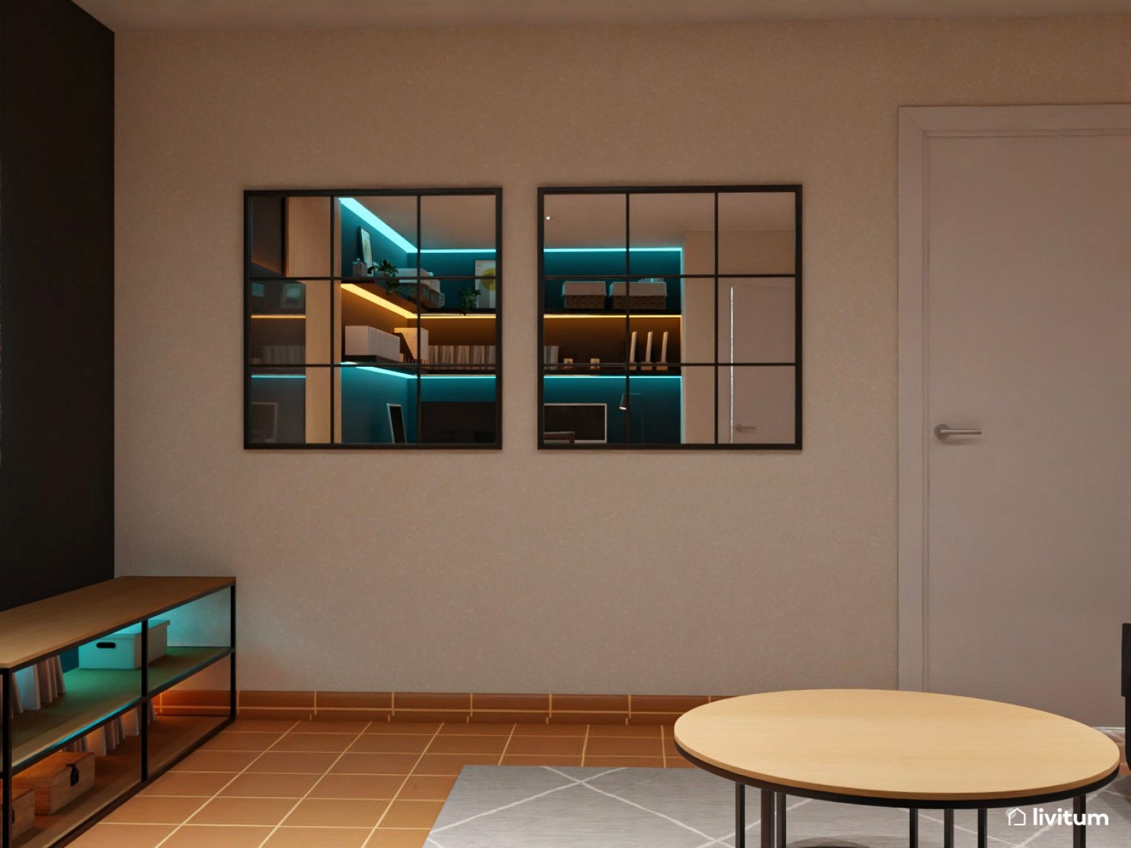 Sala de cine moderna con espacio de trabajo, tonos grises y luces inteligentes