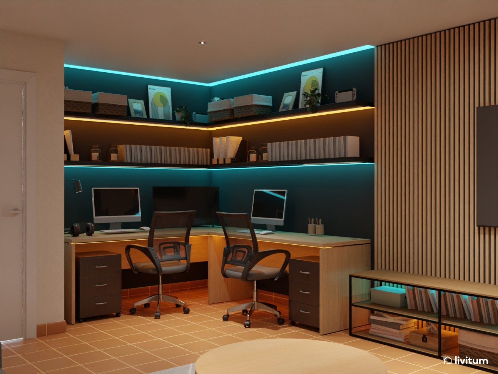 Sala de cine moderna con espacio de trabajo, tonos grises y luces inteligentes