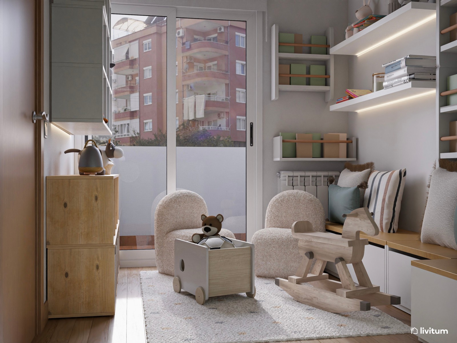 Sala de juegos infantil con mucho almacenaje