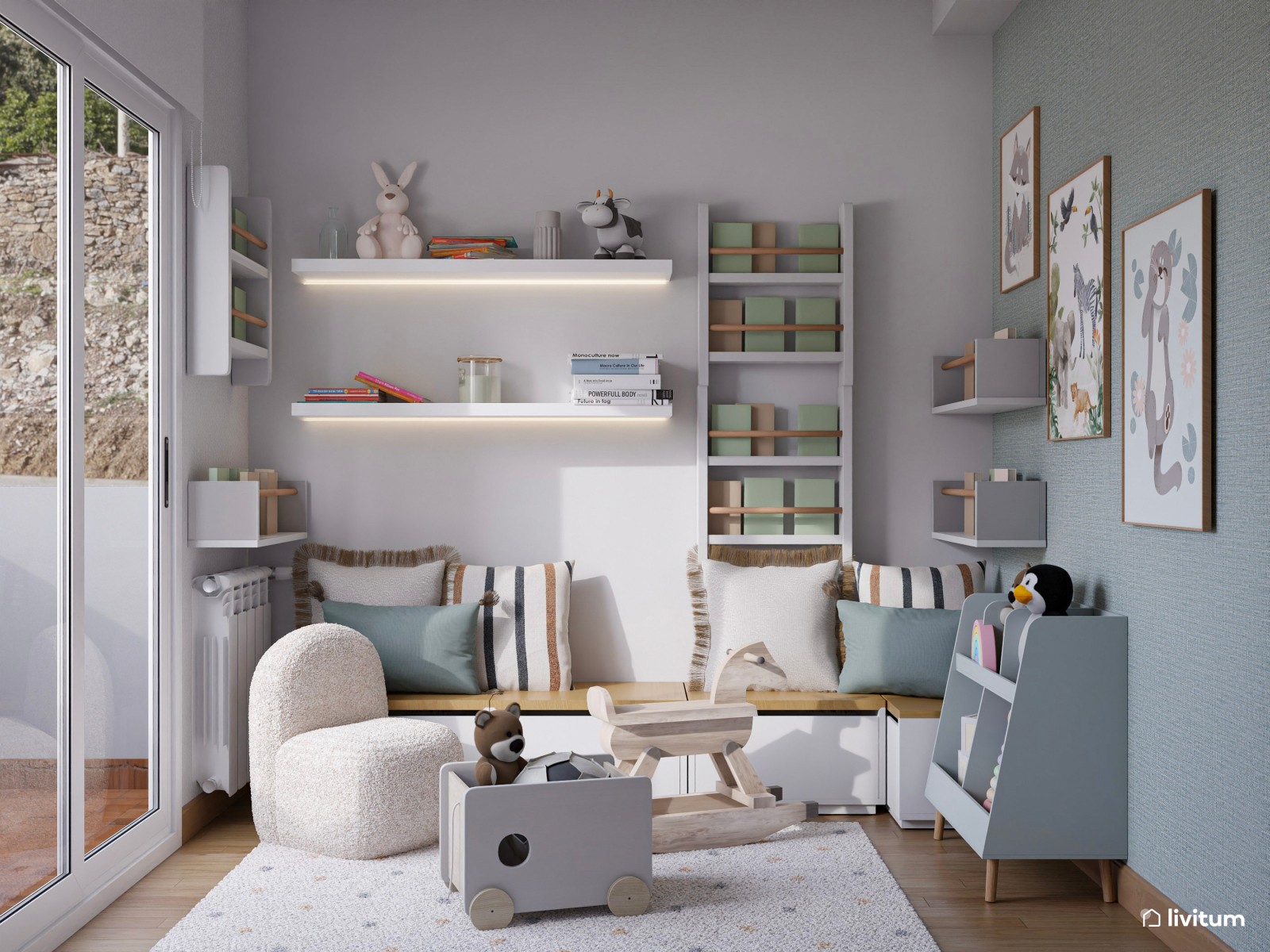 Sala de juegos infantil con mucho almacenaje