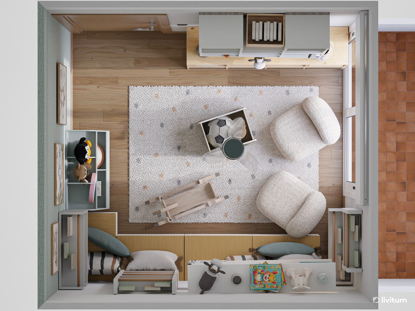 Sala de juegos infantil con mucho almacenaje