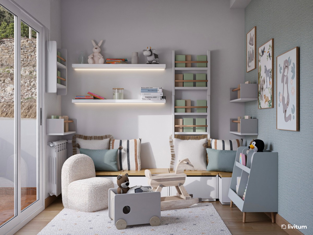 Sala de juegos infantil con mucho almacenaje