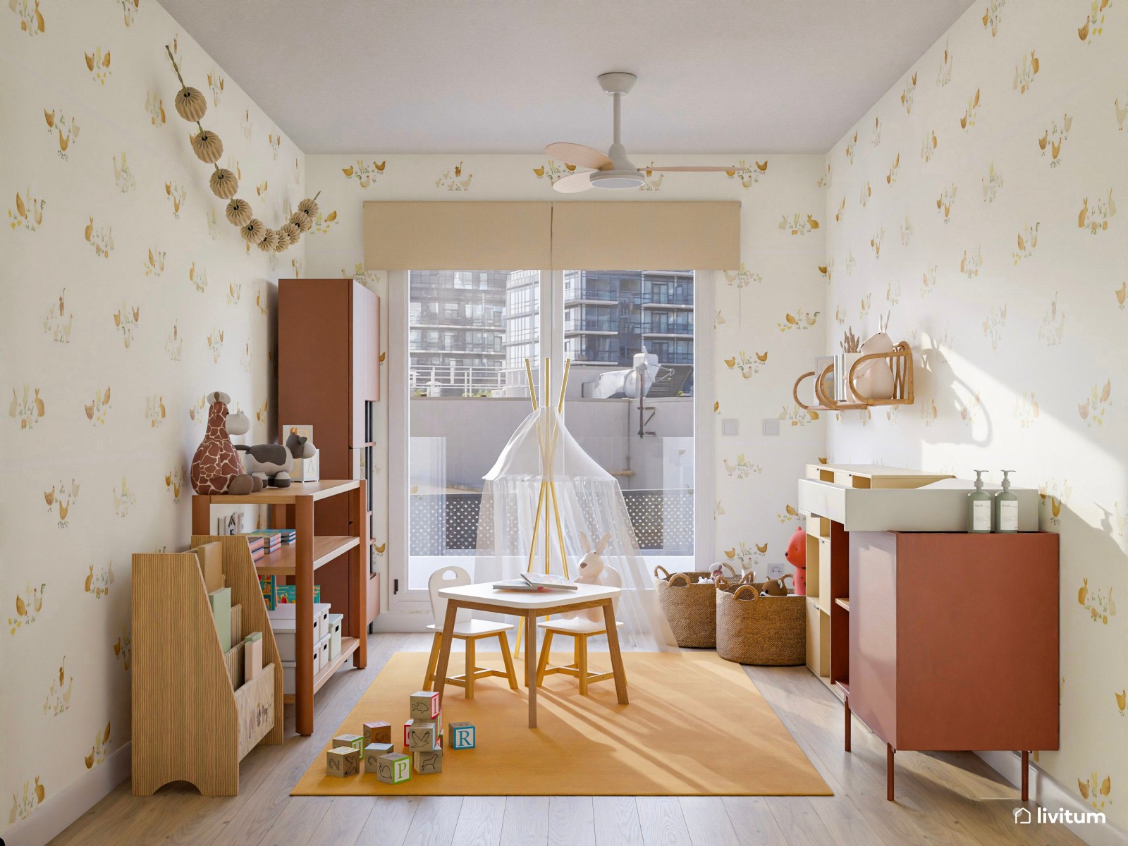 Sala de juegos infantil en color caramelo y amarillo