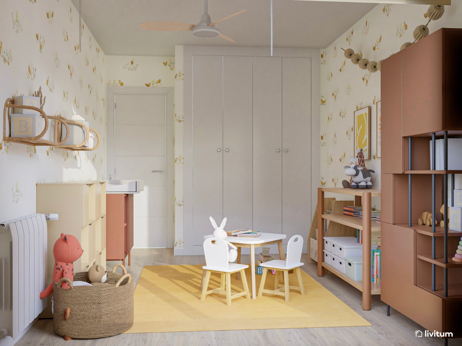 Sala de juegos infantil en color caramelo y amarillo