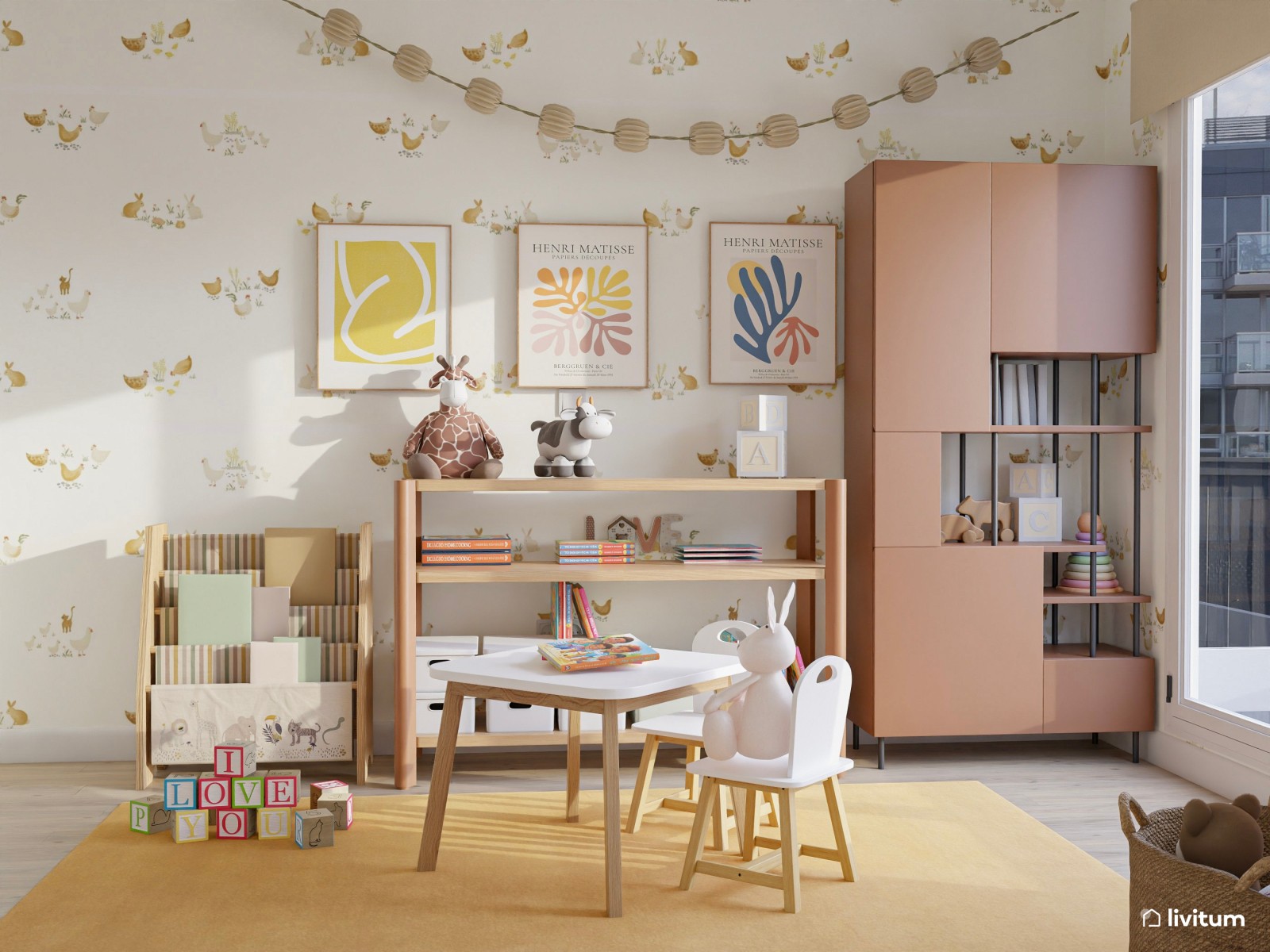 Sala de juegos infantil en color caramelo y amarillo