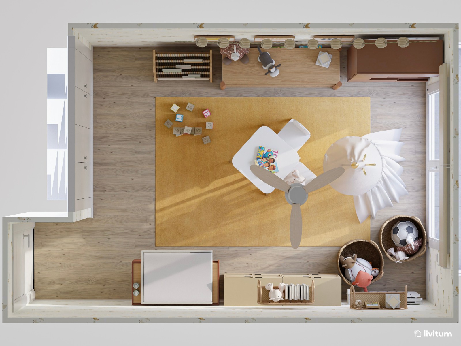 Sala de juegos infantil en color caramelo y amarillo