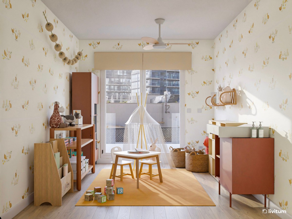 Sala de juegos infantil en color caramelo y amarillo