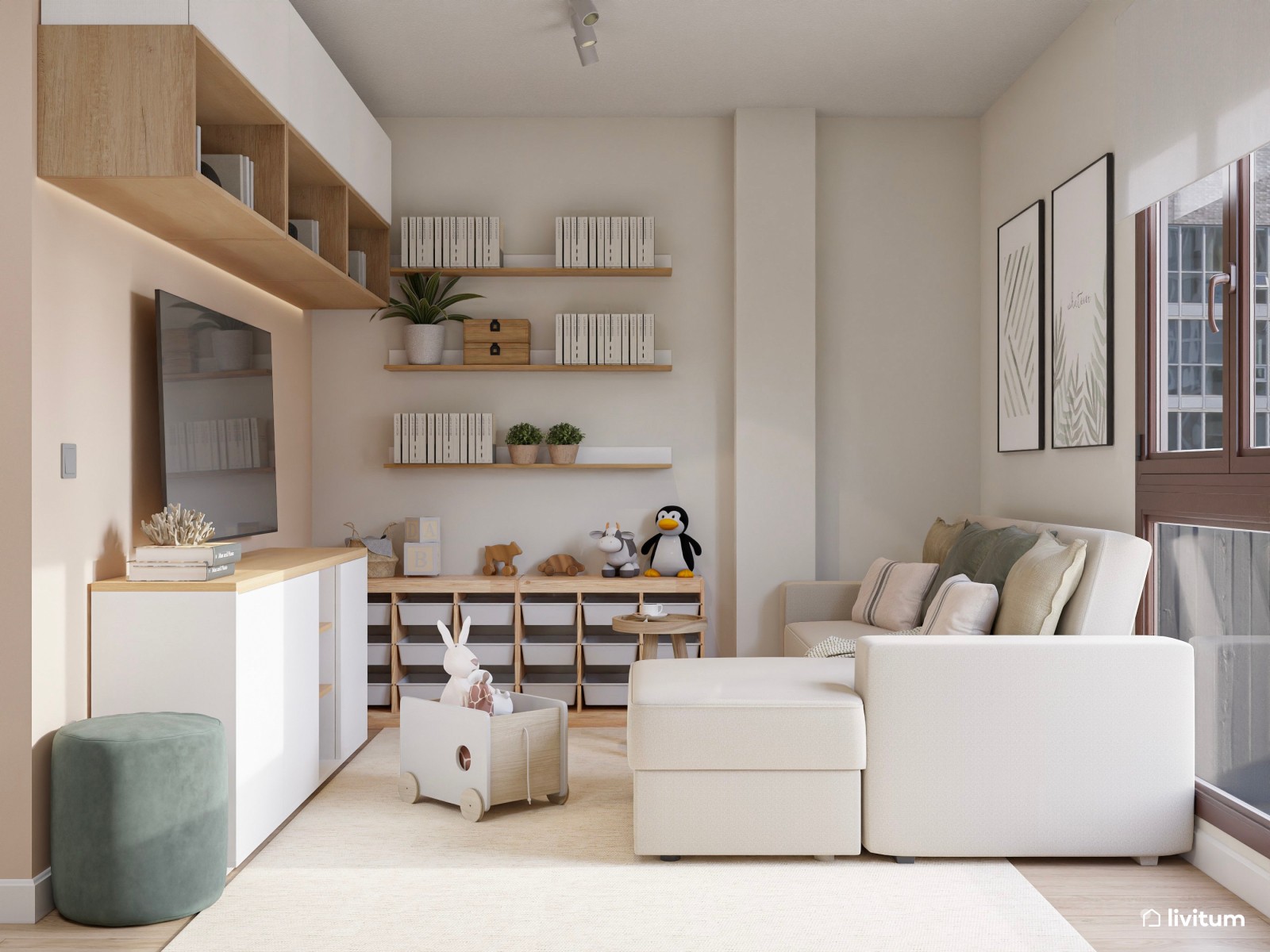 Sala multiusos nórdica con zona de trabajo doble y rincón infantil