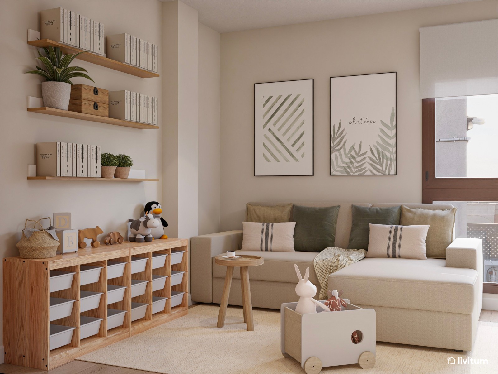 Sala multiusos nórdica con zona de trabajo doble y rincón infantil