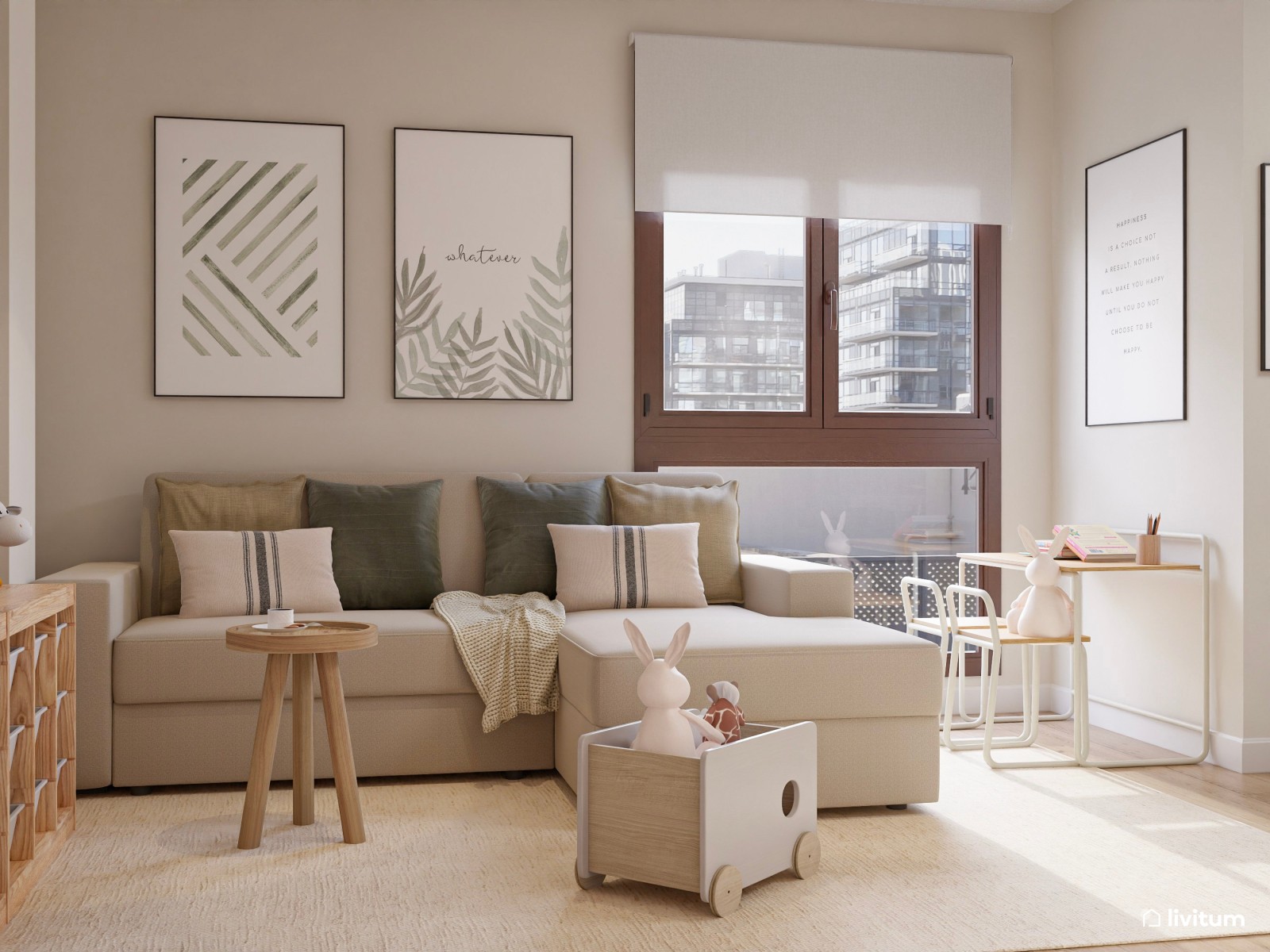 Sala multiusos nórdica con zona de trabajo doble y rincón infantil