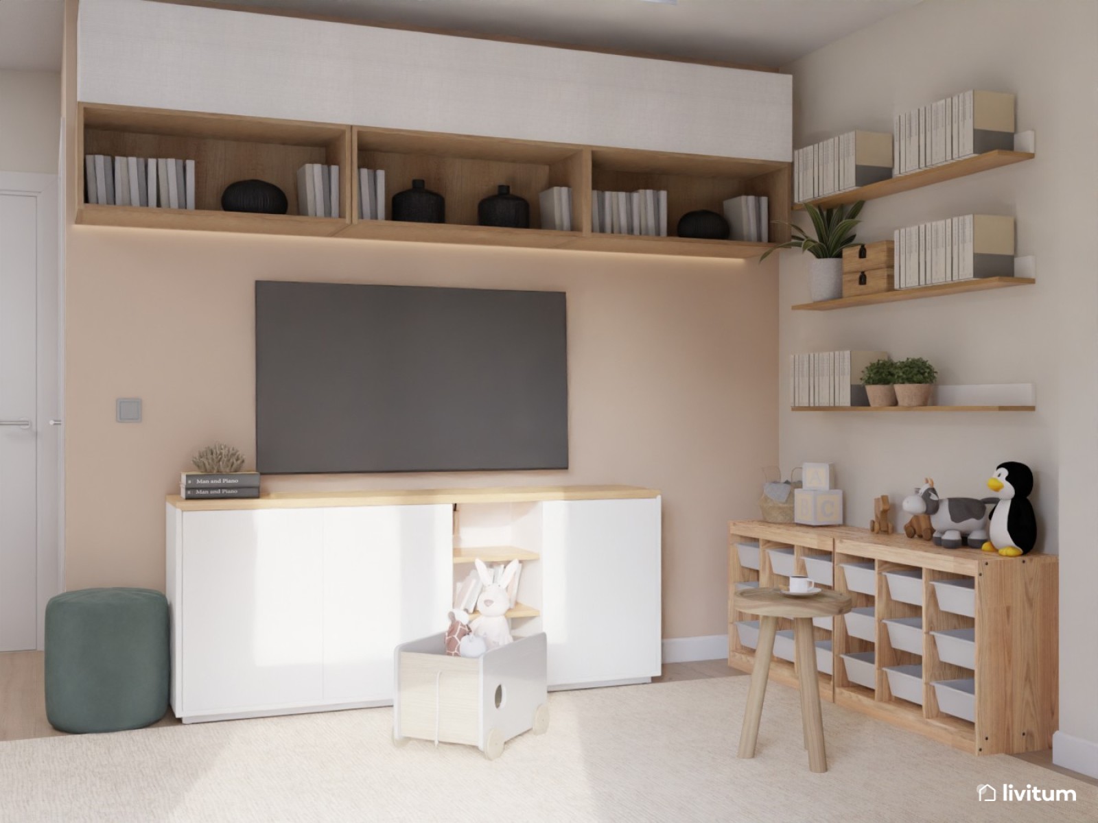 Sala multiusos nórdica con zona de trabajo doble y rincón infantil