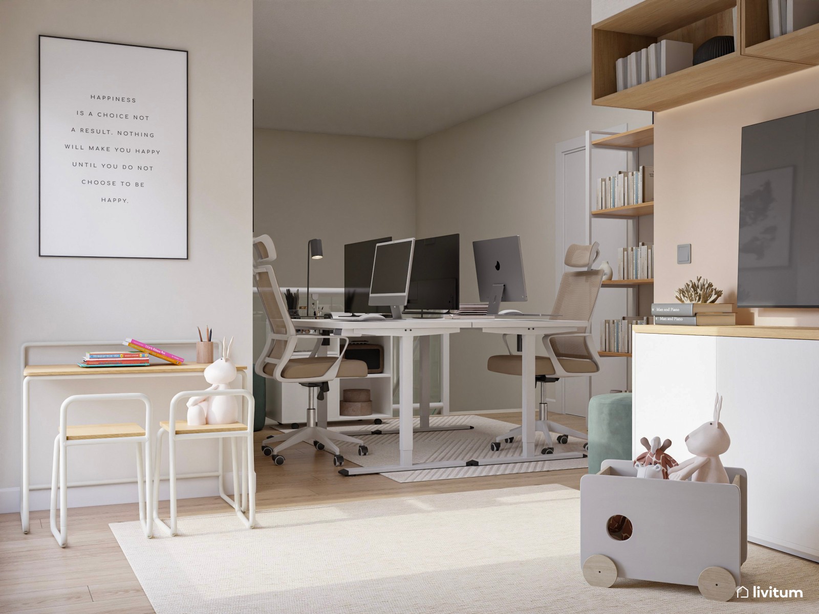 Sala multiusos nórdica con zona de trabajo doble y rincón infantil