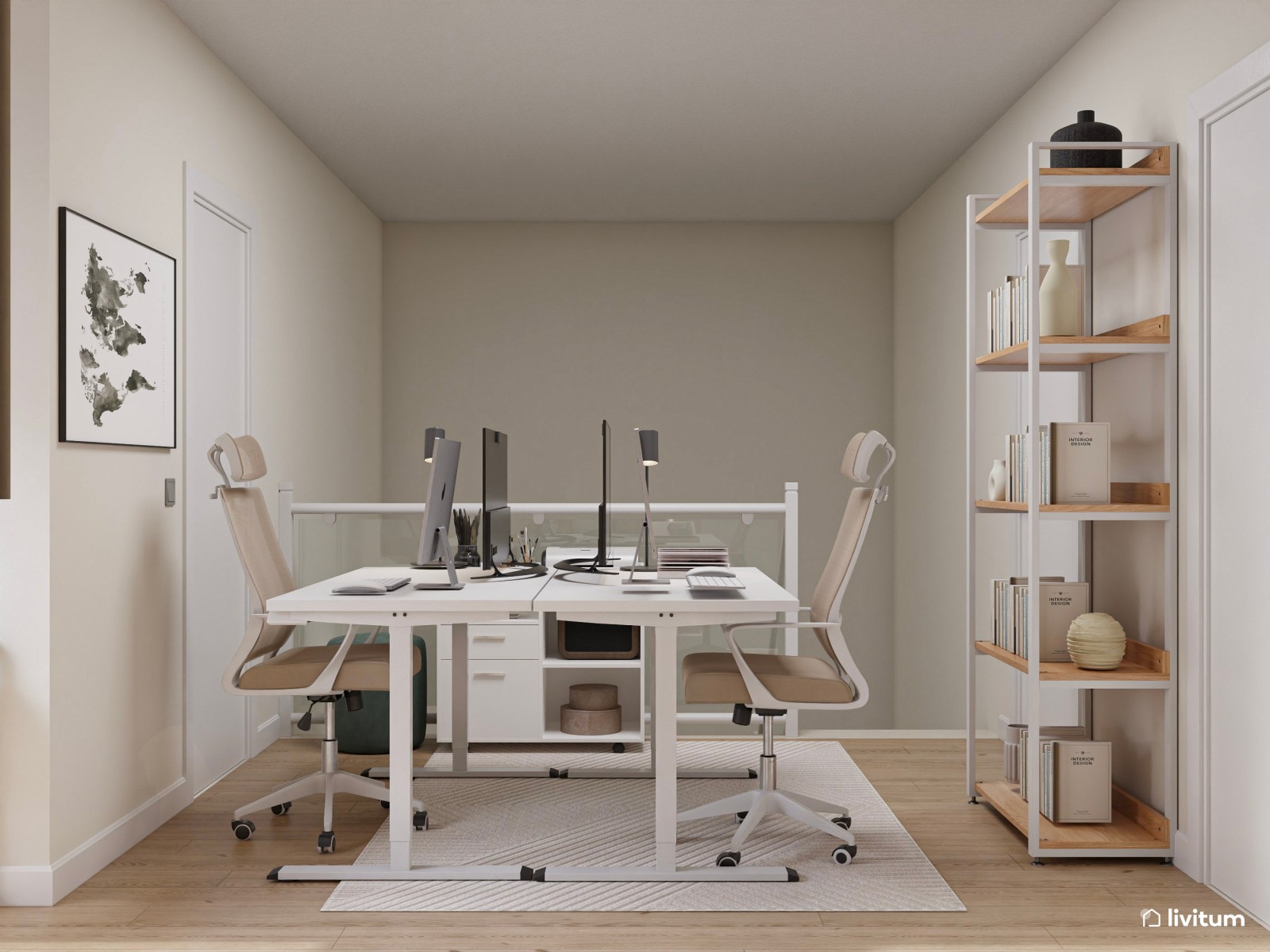 Sala multiusos nórdica con zona de trabajo doble y rincón infantil