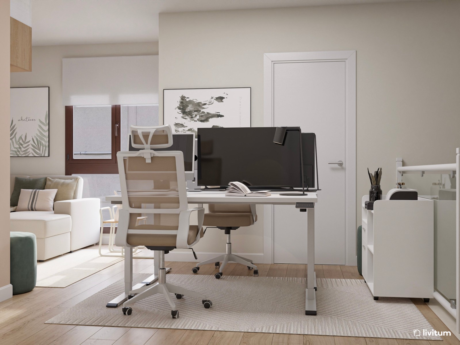 Sala multiusos nórdica con zona de trabajo doble y rincón infantil