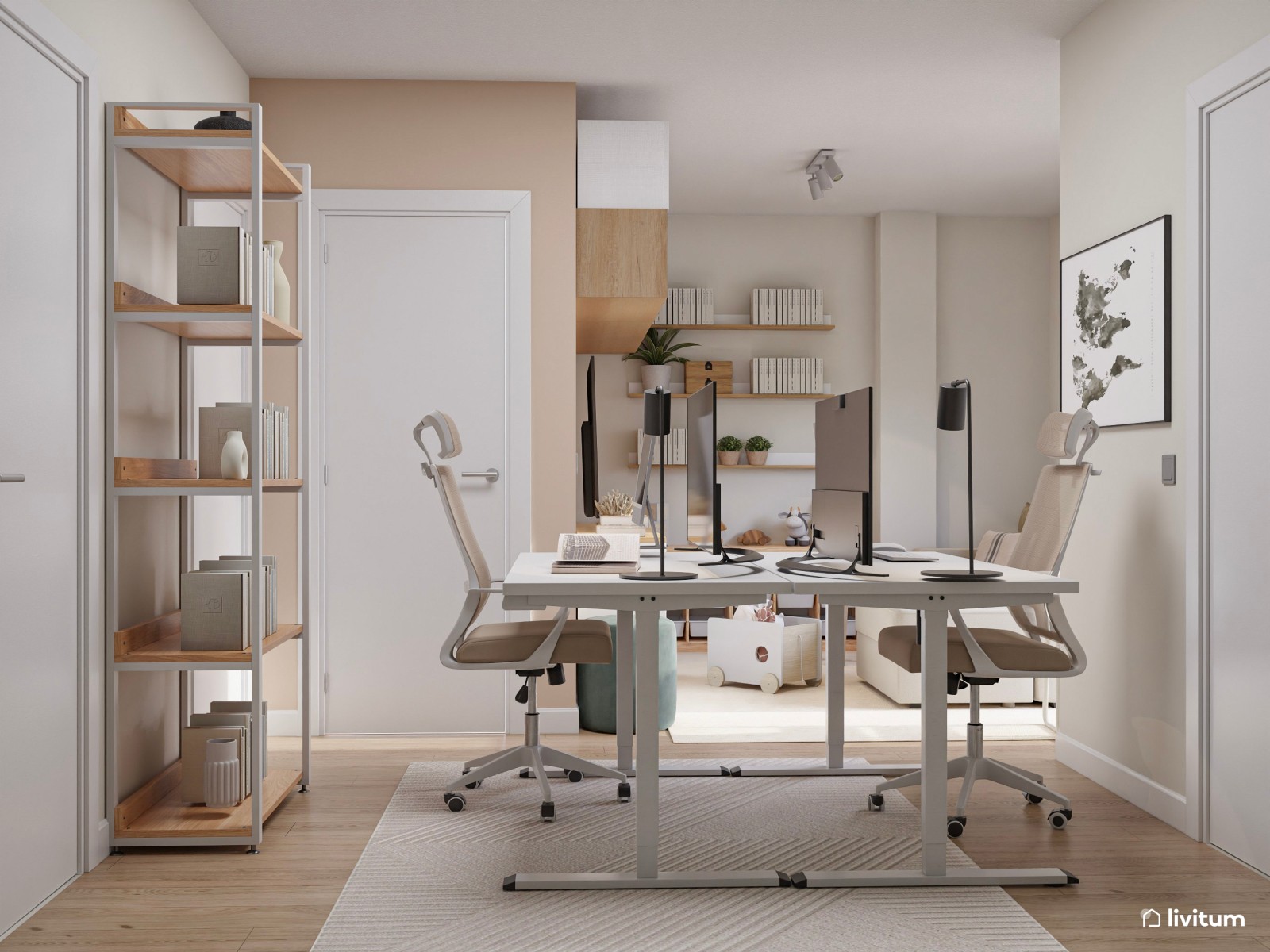 Sala multiusos nórdica con zona de trabajo doble y rincón infantil