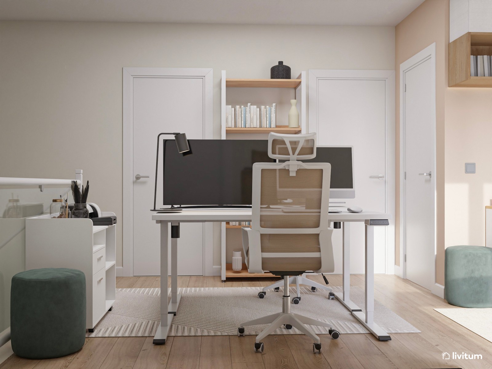 Sala multiusos nórdica con zona de trabajo doble y rincón infantil