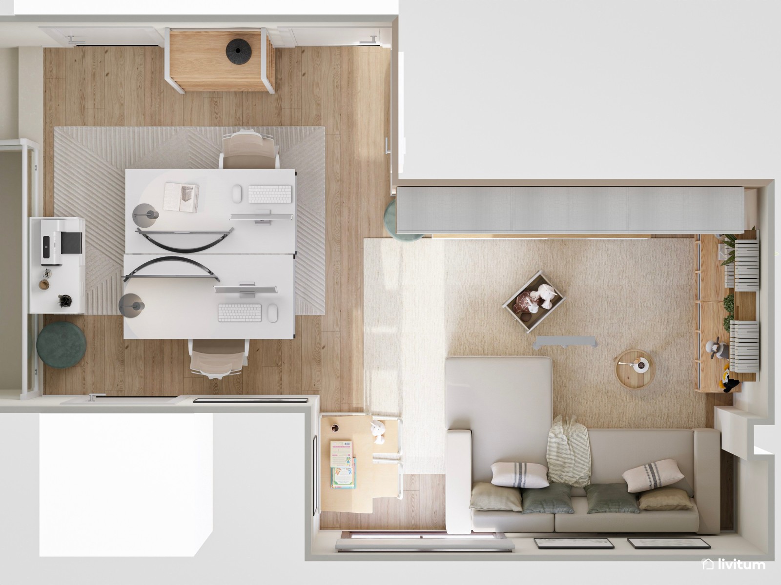 Sala multiusos nórdica con zona de trabajo doble y rincón infantil