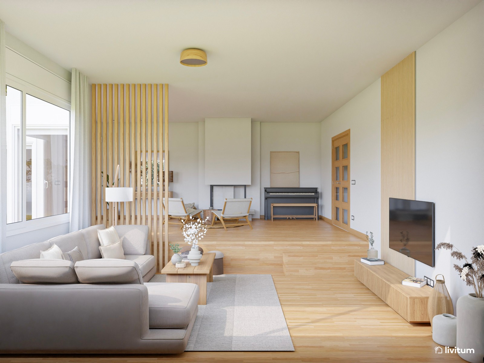 Salón a doble altura de estilo nórdico separado por listones de madera