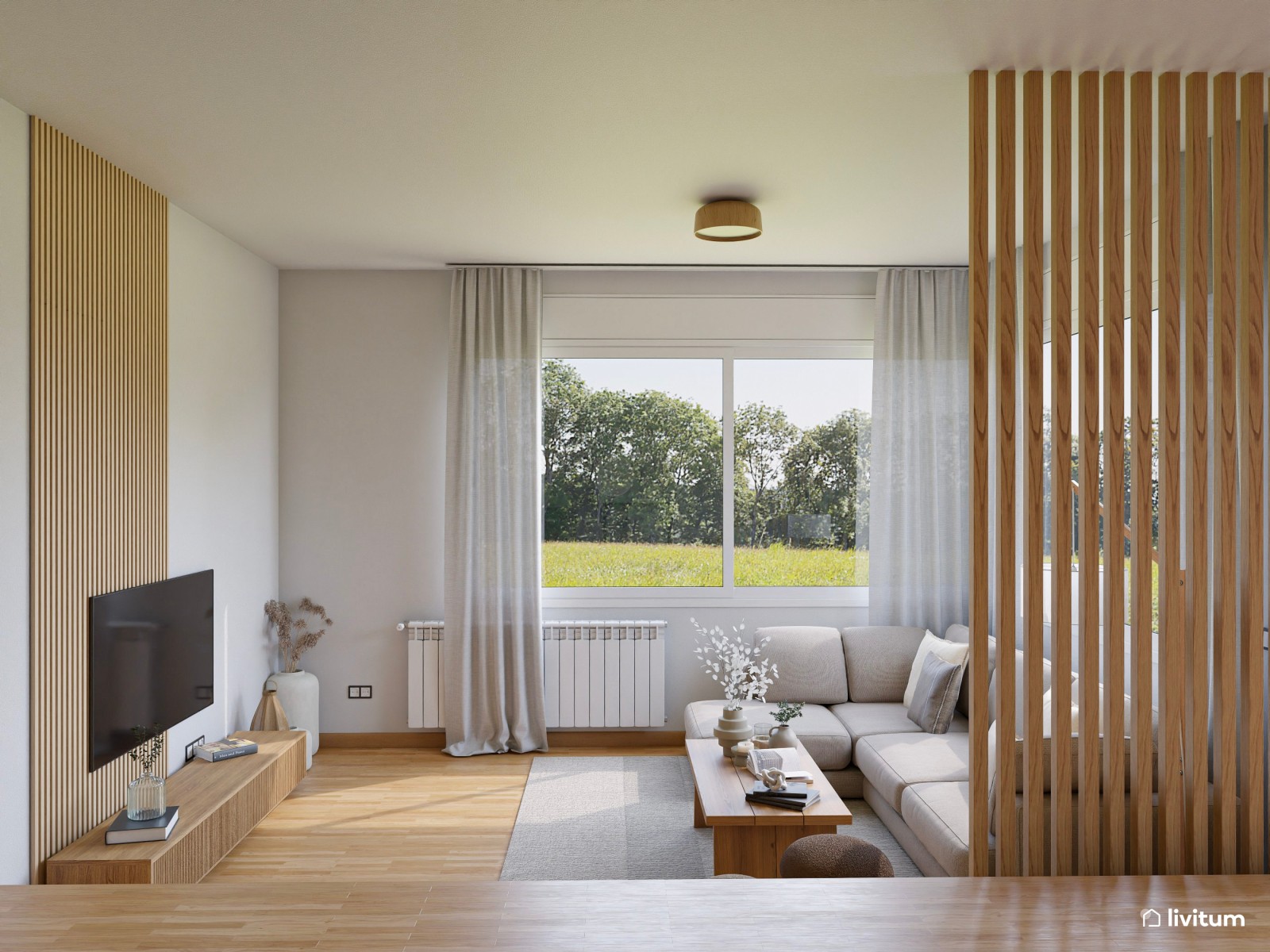 Salón a doble altura de estilo nórdico separado por listones de madera