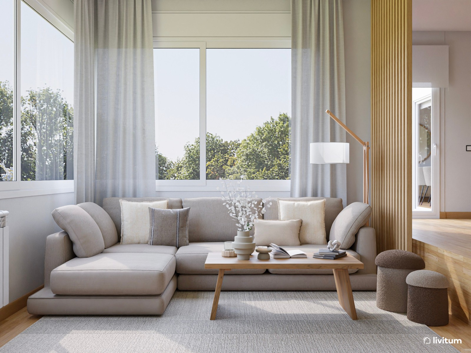 Salón a doble altura de estilo nórdico separado por listones de madera