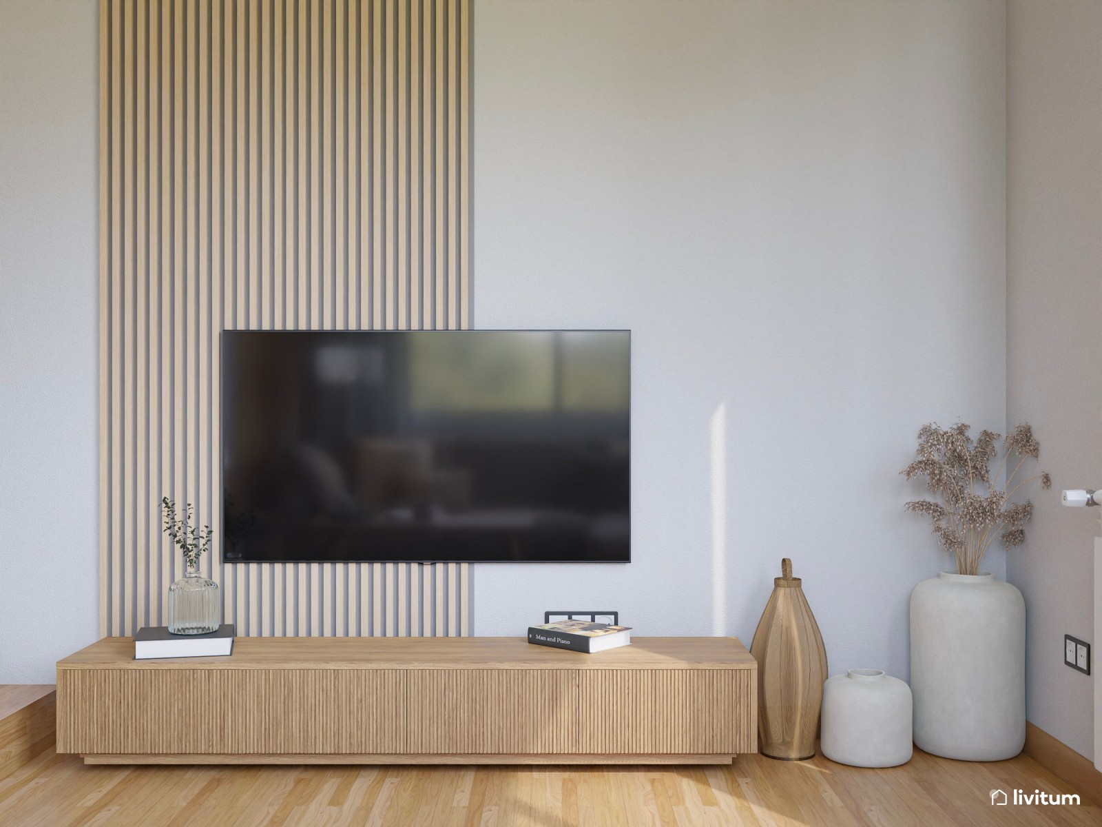 Salón a doble altura de estilo nórdico separado por listones de madera