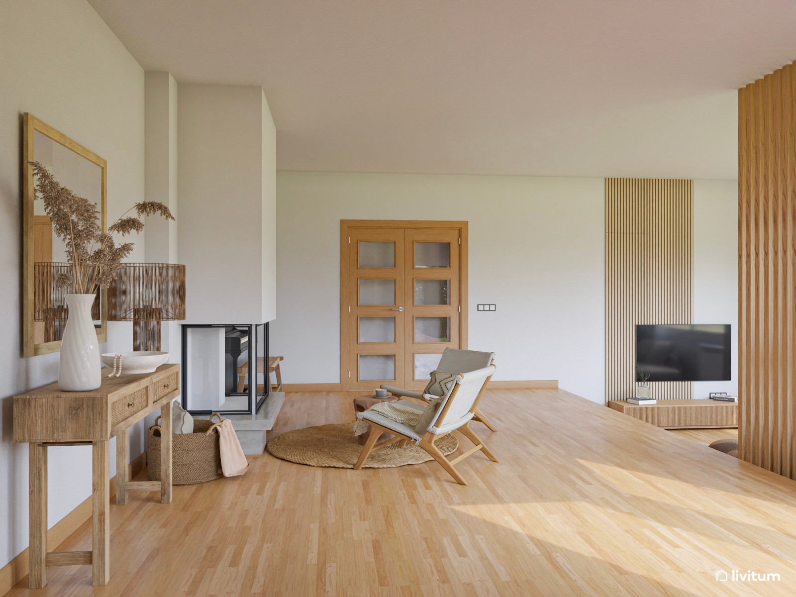 Salón a doble altura de estilo nórdico separado por listones de madera