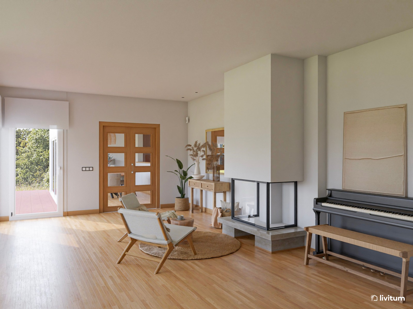 Salón a doble altura de estilo nórdico separado por listones de madera