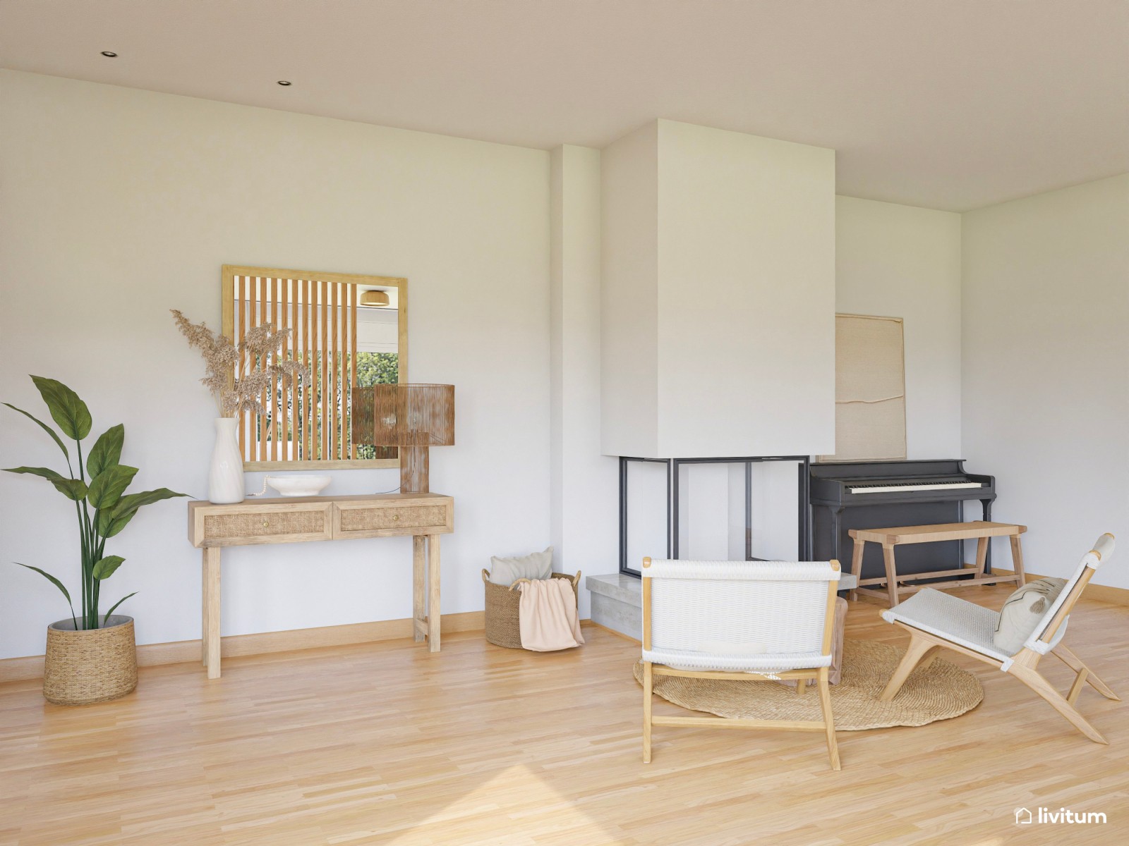 Salón a doble altura de estilo nórdico separado por listones de madera