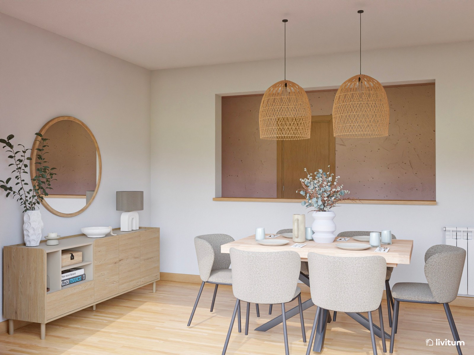 Salón a doble altura de estilo nórdico separado por listones de madera