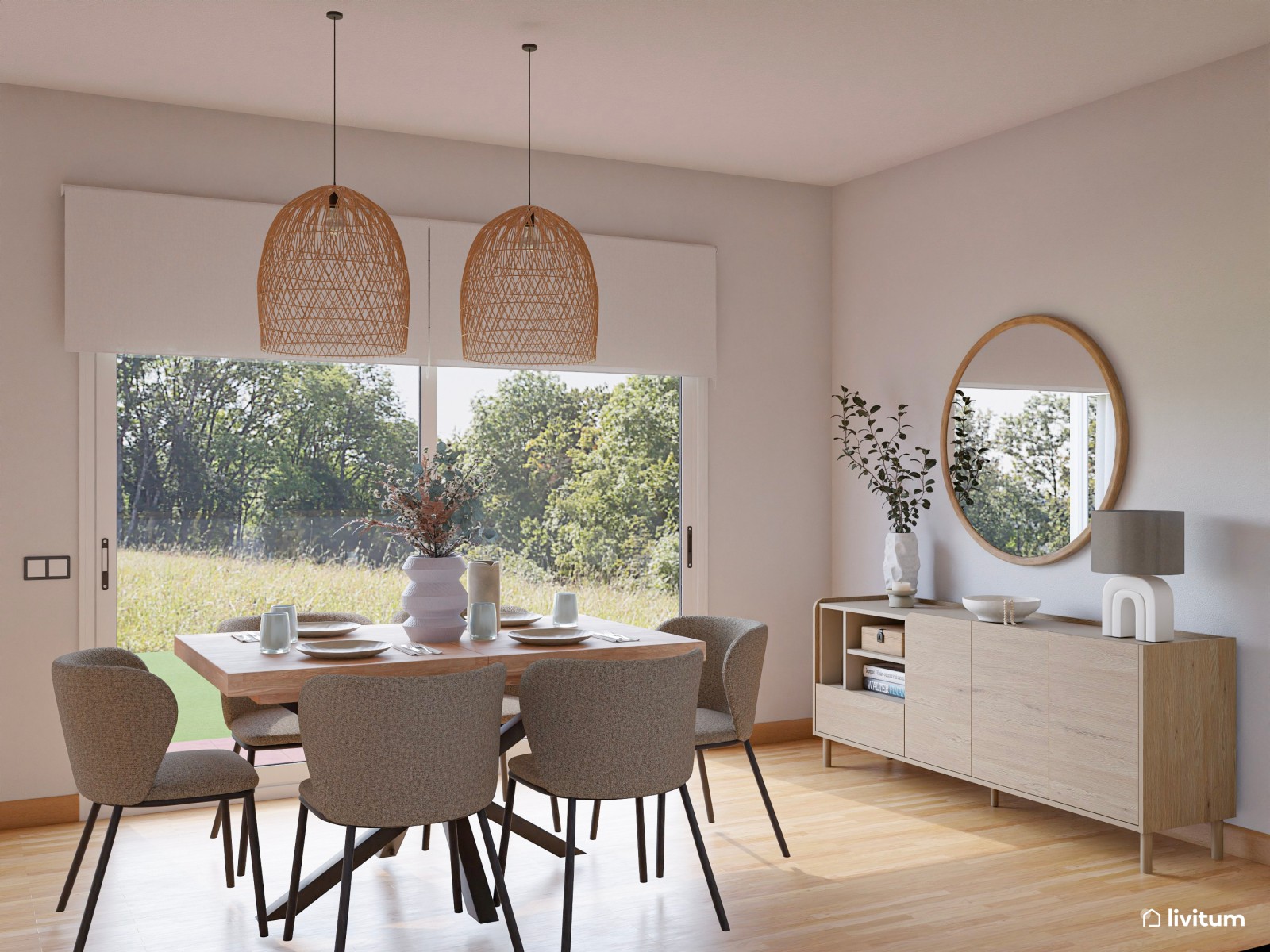 Salón a doble altura de estilo nórdico separado por listones de madera