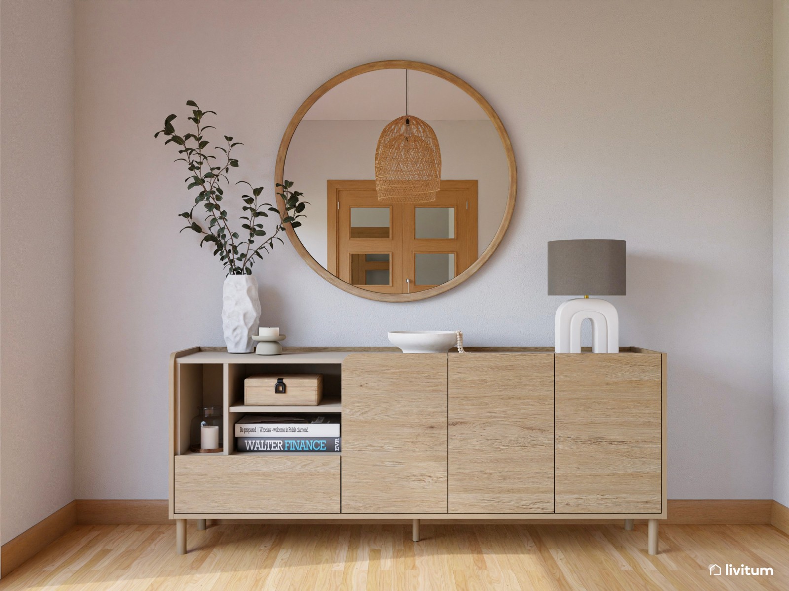 Salón a doble altura de estilo nórdico separado por listones de madera