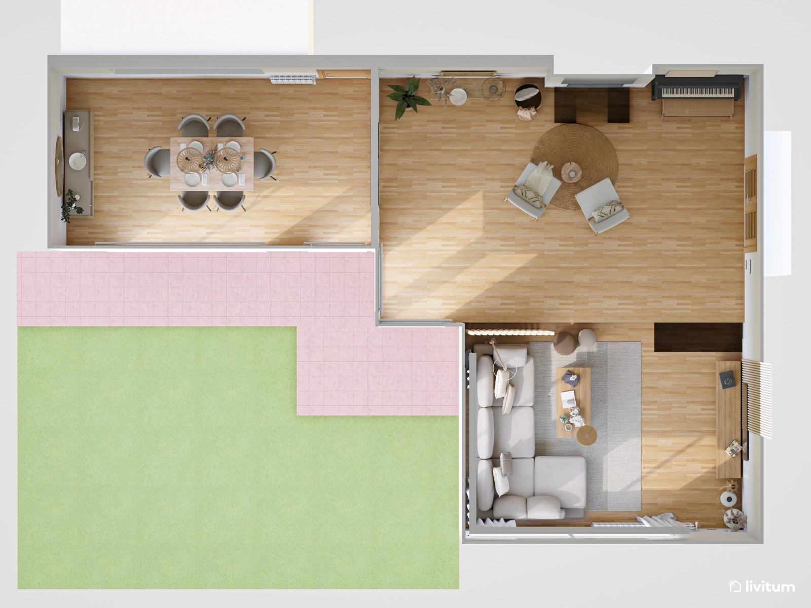 Salón a doble altura de estilo nórdico separado por listones de madera