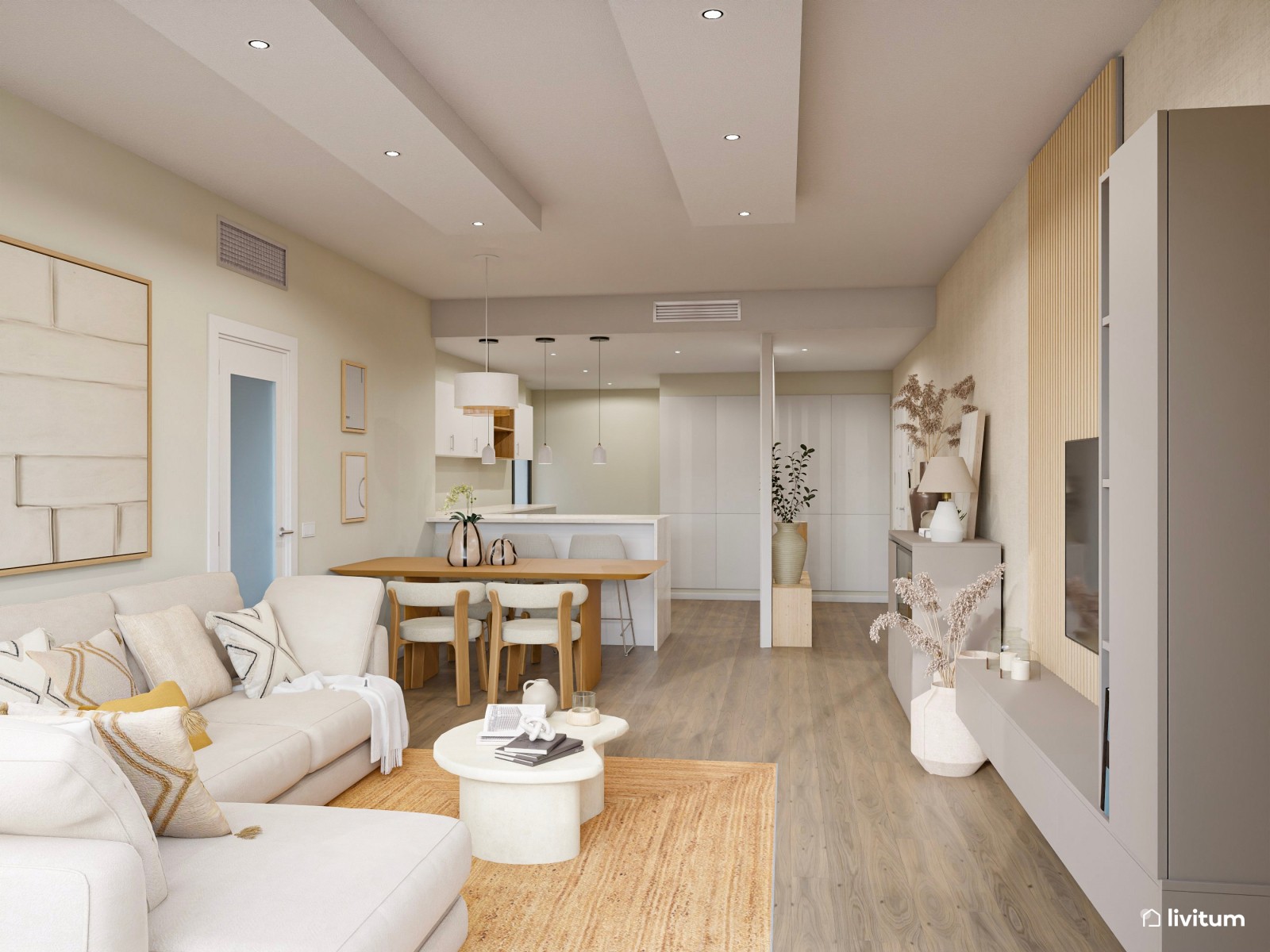 Salón abierto, alargado y estrecho muy acogedor 